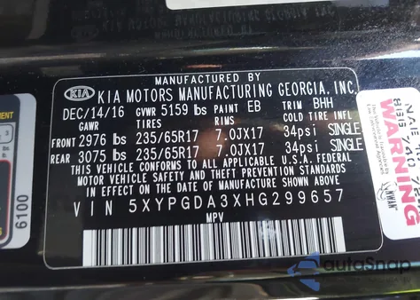 2017 Kia Sorento 2.4L Lx z USA, uszkodzony, nr VIN 5XYPGDA3XHG299657